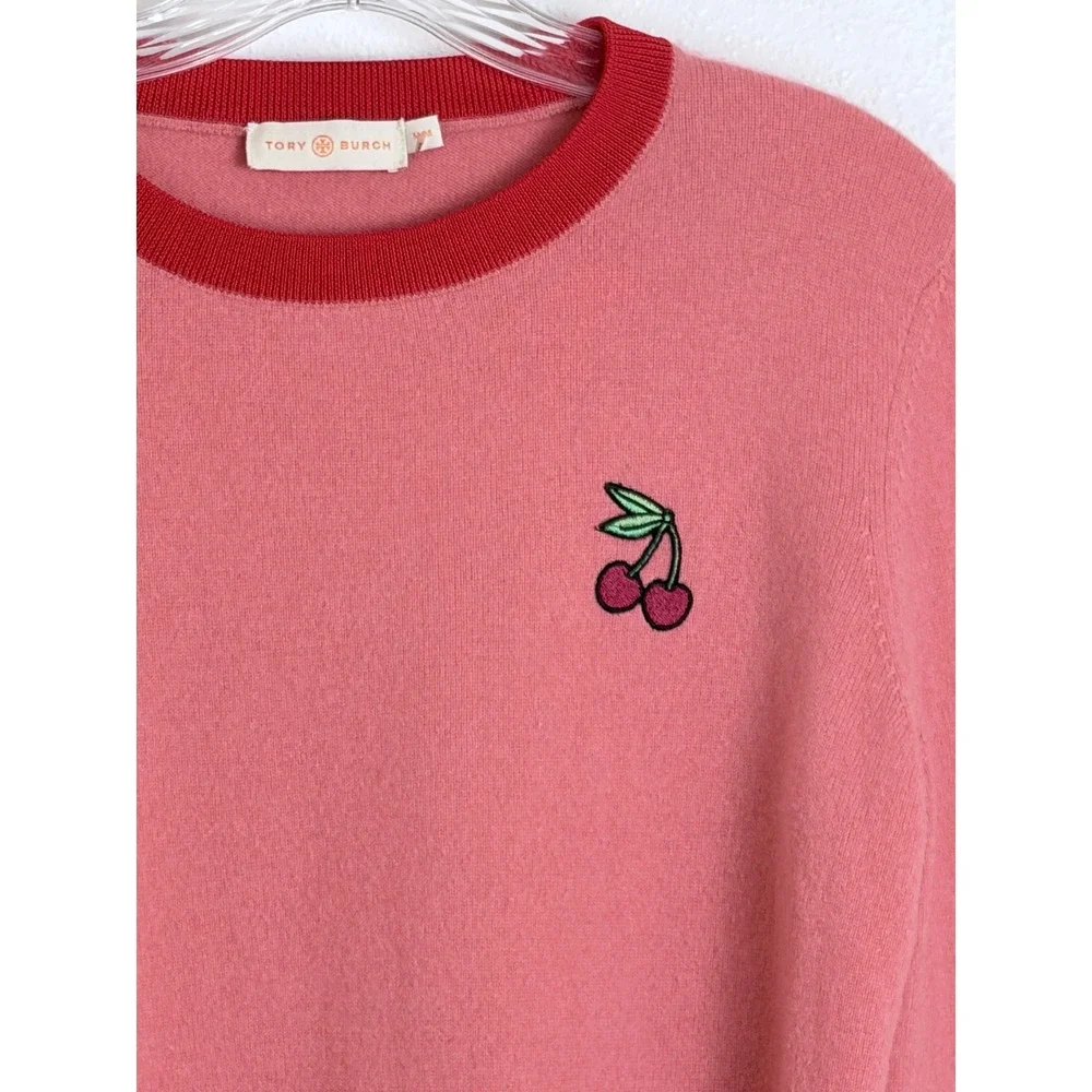 Tory Burch Pink Red Cherry Embroidered Crewneck Knit Sweater M